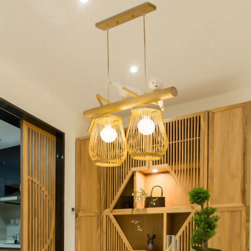 DecorBites™ Dining Room Pendant – Beige Hanging Lamp with Bamboo Barrel Shade
