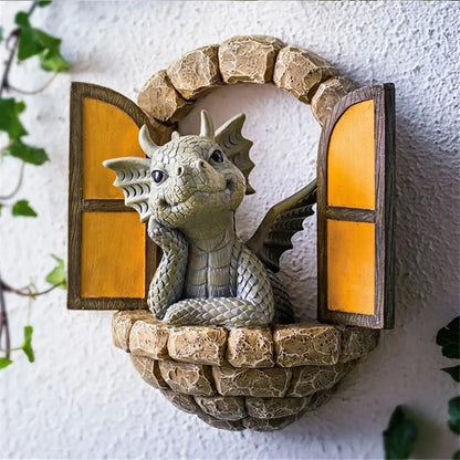 Dino garden sculpture gray dragon window figurine outdoor decor