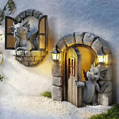 Dino garden sculpture gray dragon window figurine outdoor decor