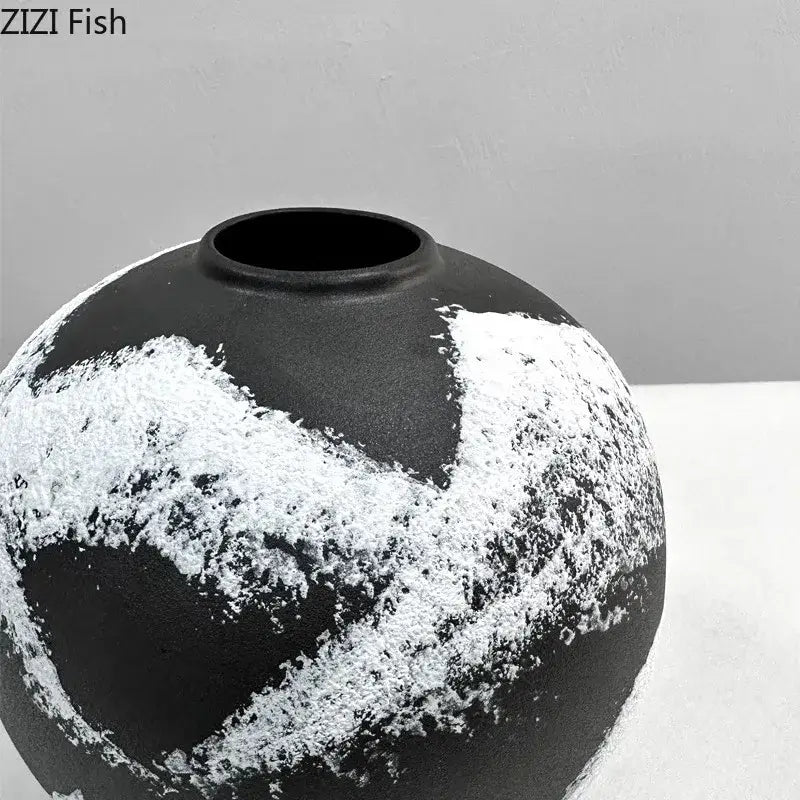 Distressed black & white ink painting ceramic vase living room decor