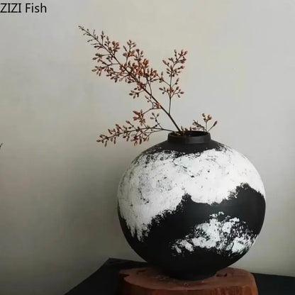 Distressed black & white ink painting ceramic vase living room decor