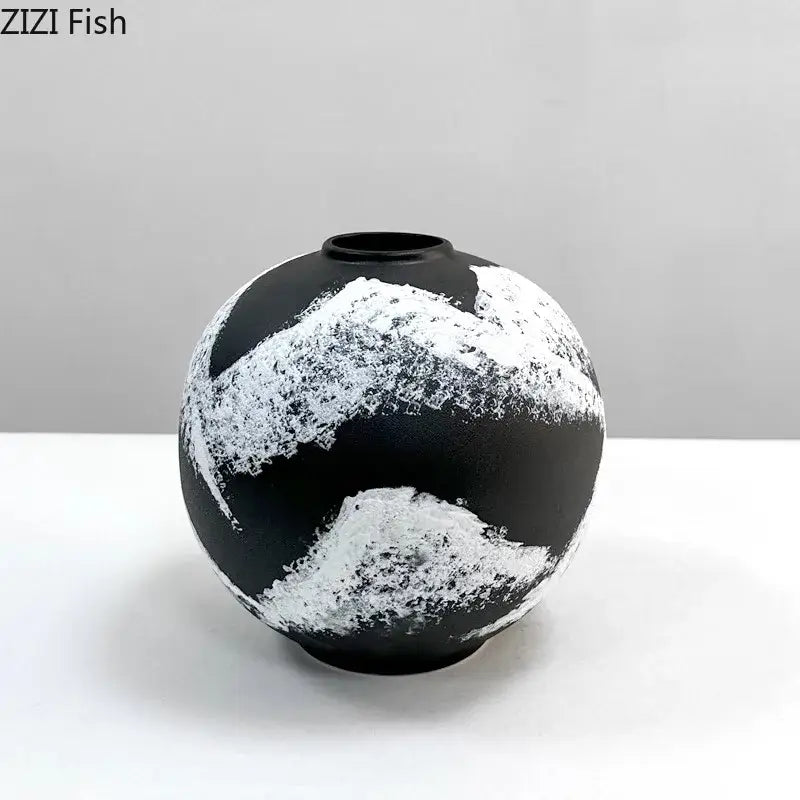 Distressed black & white ink painting ceramic vase living room decor