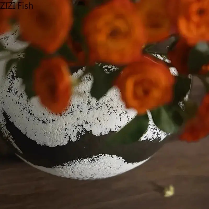 Distressed black & white ink painting ceramic vase living room decor