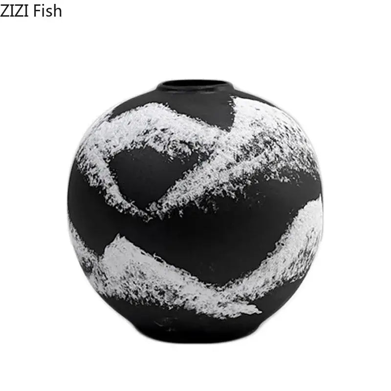 Distressed black & white ink painting ceramic vase living room decor