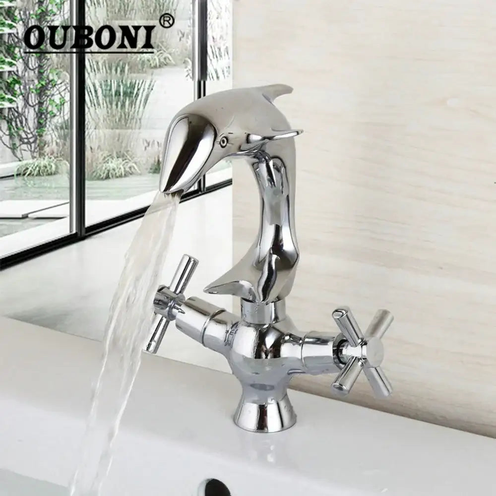 Dolphin shape polished chrome bathroom faucet with dual cross handles