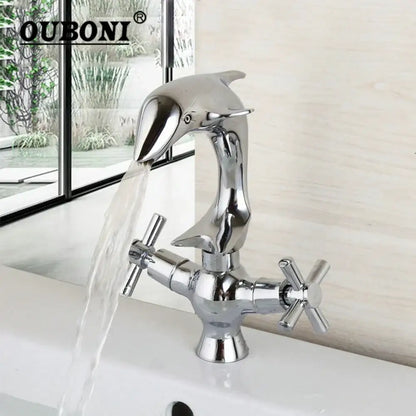 Dolphin shape polished chrome bathroom faucet with dual cross handles