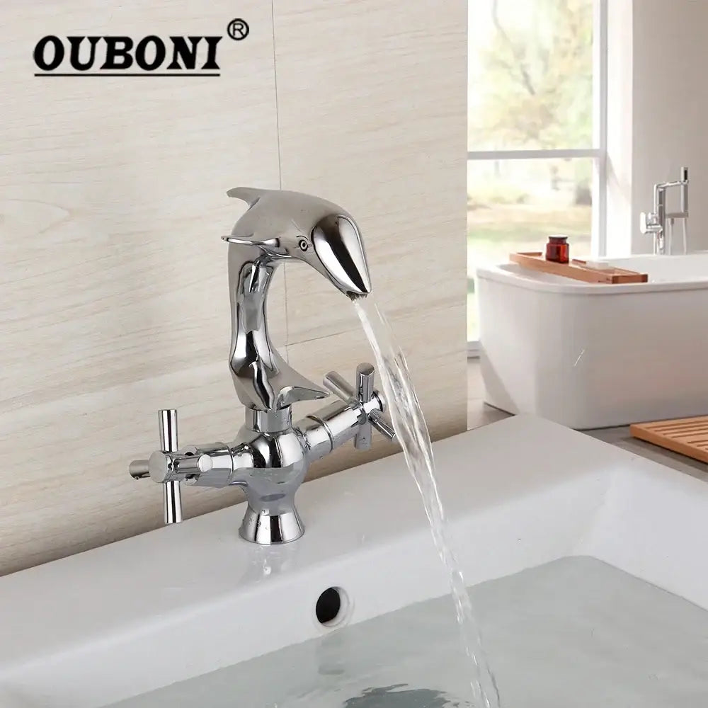 Dolphin shape polished chrome bathroom faucet with dual cross handles