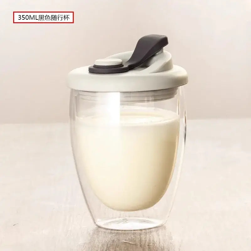 Double deck insulated glass mug with white lid – kitchen water cup