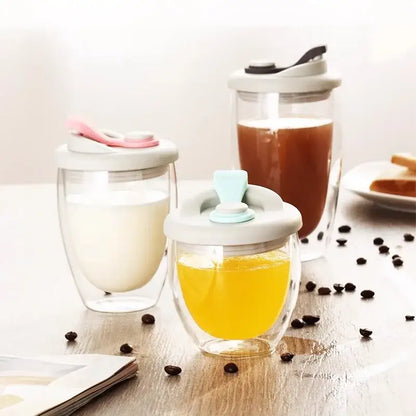 Double deck insulated glass mug with white lid – kitchen water cup