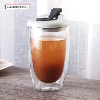 Double deck insulated glass mug with white lid – kitchen water cup