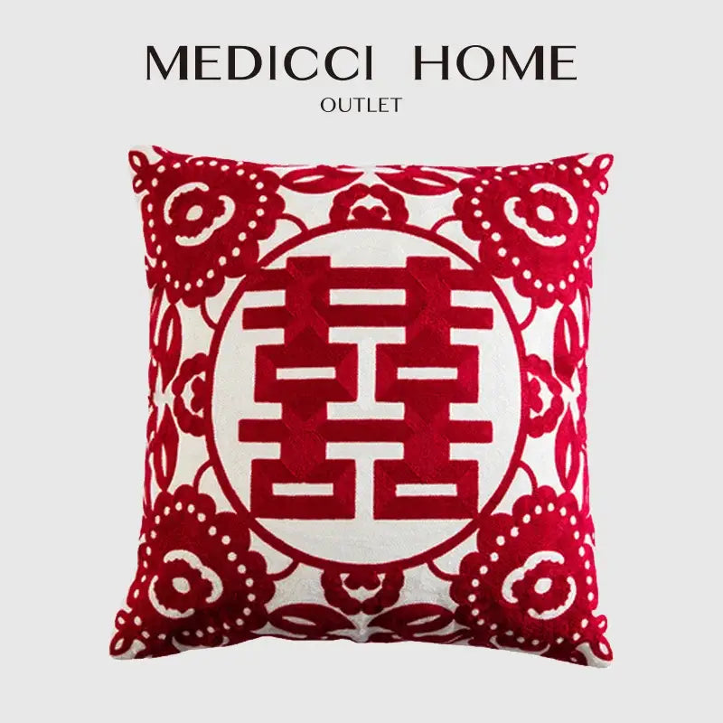 Double happiness embroidered red traditional lumbar pillow bedroom case