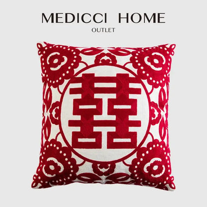 Double happiness embroidered red traditional lumbar pillow bedroom case