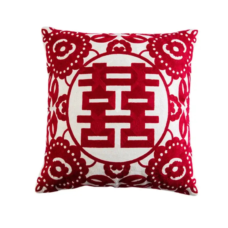 Double happiness embroidered red traditional lumbar pillow bedroom case