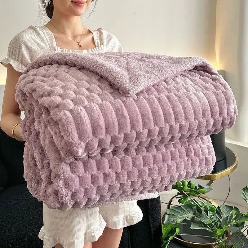 Double layer lamb plush throw blanket bedroom soft textured fleece