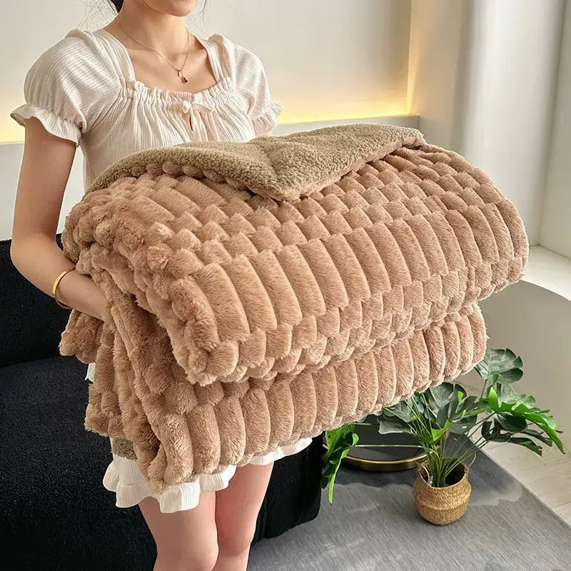 Double layer lamb plush throw blanket bedroom soft textured fleece
