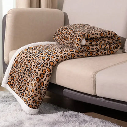 Double layer leopard print coral fleece blanket bedroom bedspread