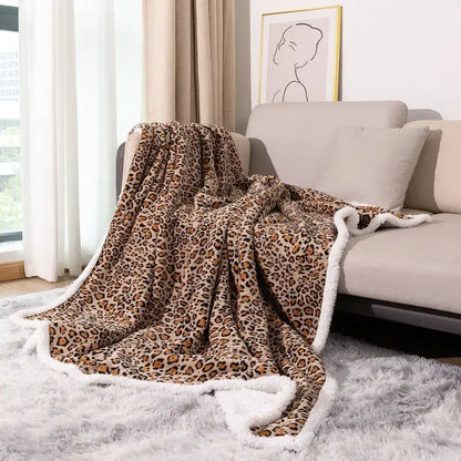 Double layer leopard print coral fleece blanket bedroom bedspread