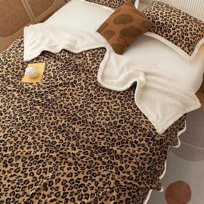 Double layer leopard print coral fleece blanket bedroom bedspread