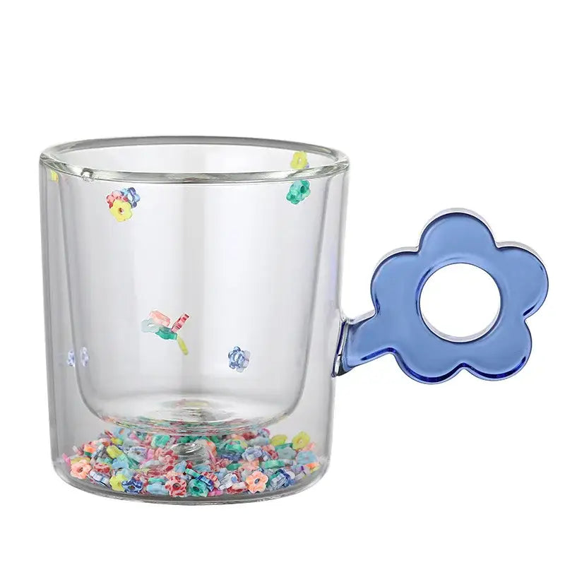 Double wall glass mug with glitter flowers for kitchen and dining room