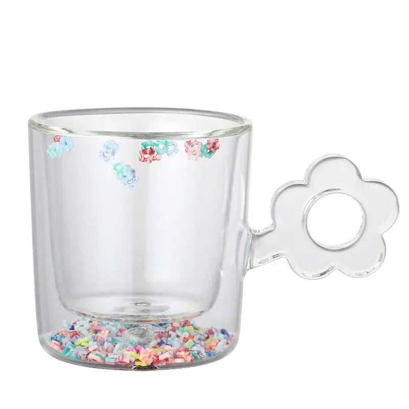 Double wall glass mug with glitter flowers for kitchen and dining room