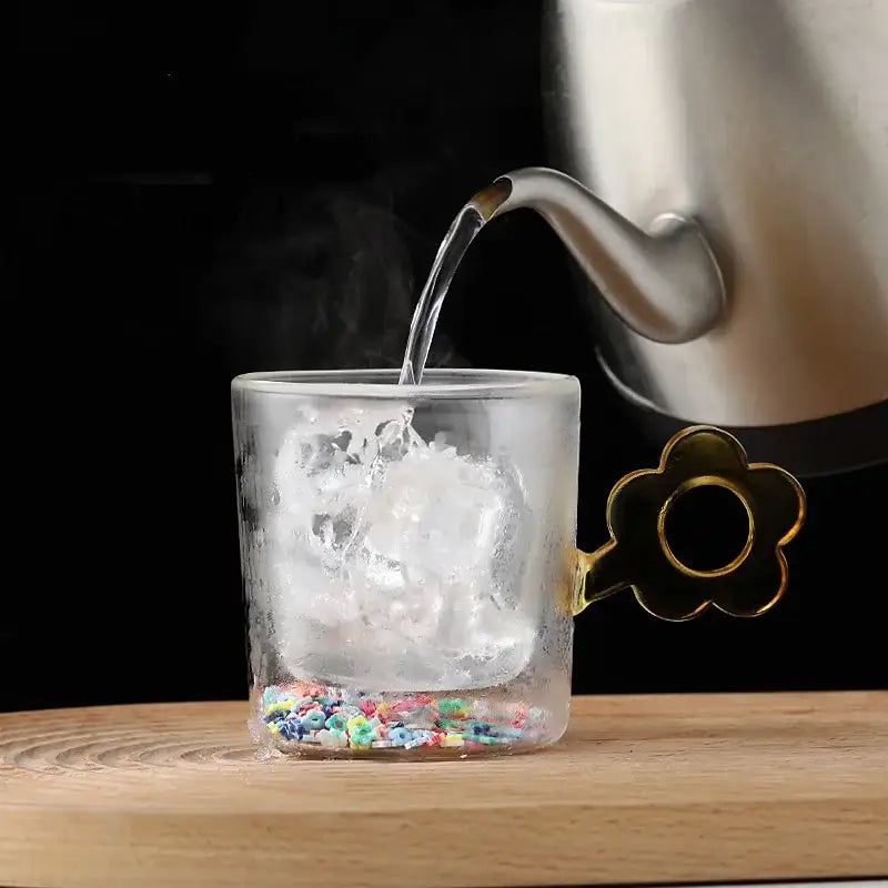 Double wall glass mug with glitter flowers for kitchen and dining room