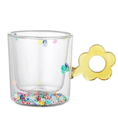 Double wall glass mug with glitter flowers for kitchen and dining room