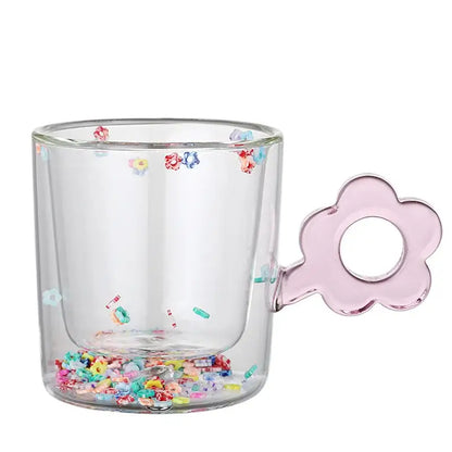 Double wall glass mug with glitter flowers for kitchen and dining room