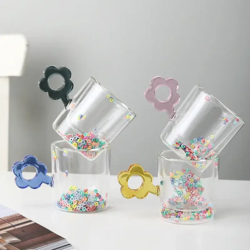Double wall glass mug with glitter flowers for kitchen and dining room