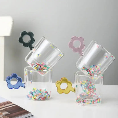 Double wall glass mug with glitter flowers for kitchen and dining room