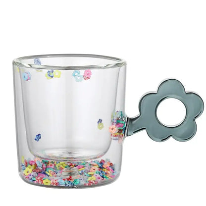 Double wall glass mug with glitter flowers for kitchen and dining room