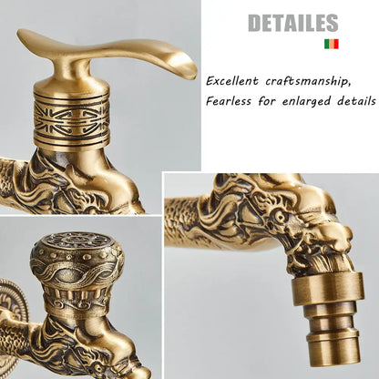 Dragon carved antique brass faucet bathroom wall mount decor