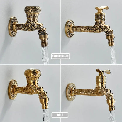 Dragon carved antique brass faucet bathroom wall mount decor