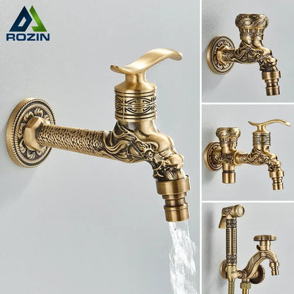 Dragon carved antique brass faucet bathroom wall mount decor