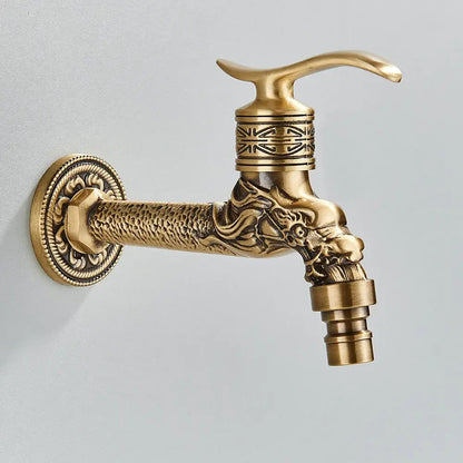 Dragon carved antique brass faucet bathroom wall mount decor