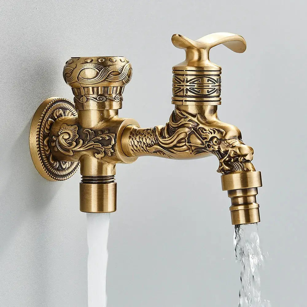 Dragon carved antique brass faucet bathroom wall mount decor