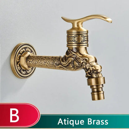 Dragon carved antique brass faucet bathroom wall mount decor