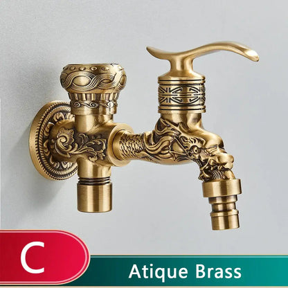 Dragon carved antique brass faucet bathroom wall mount decor
