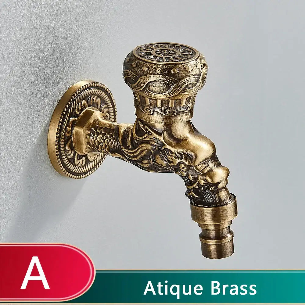 Dragon carved antique brass faucet bathroom wall mount decor