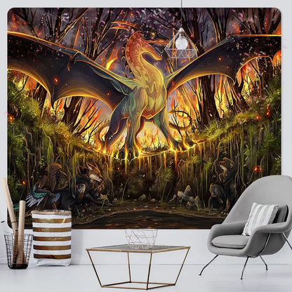 Dragon psychedelic art tapestry orange & gold wall decor bedroom