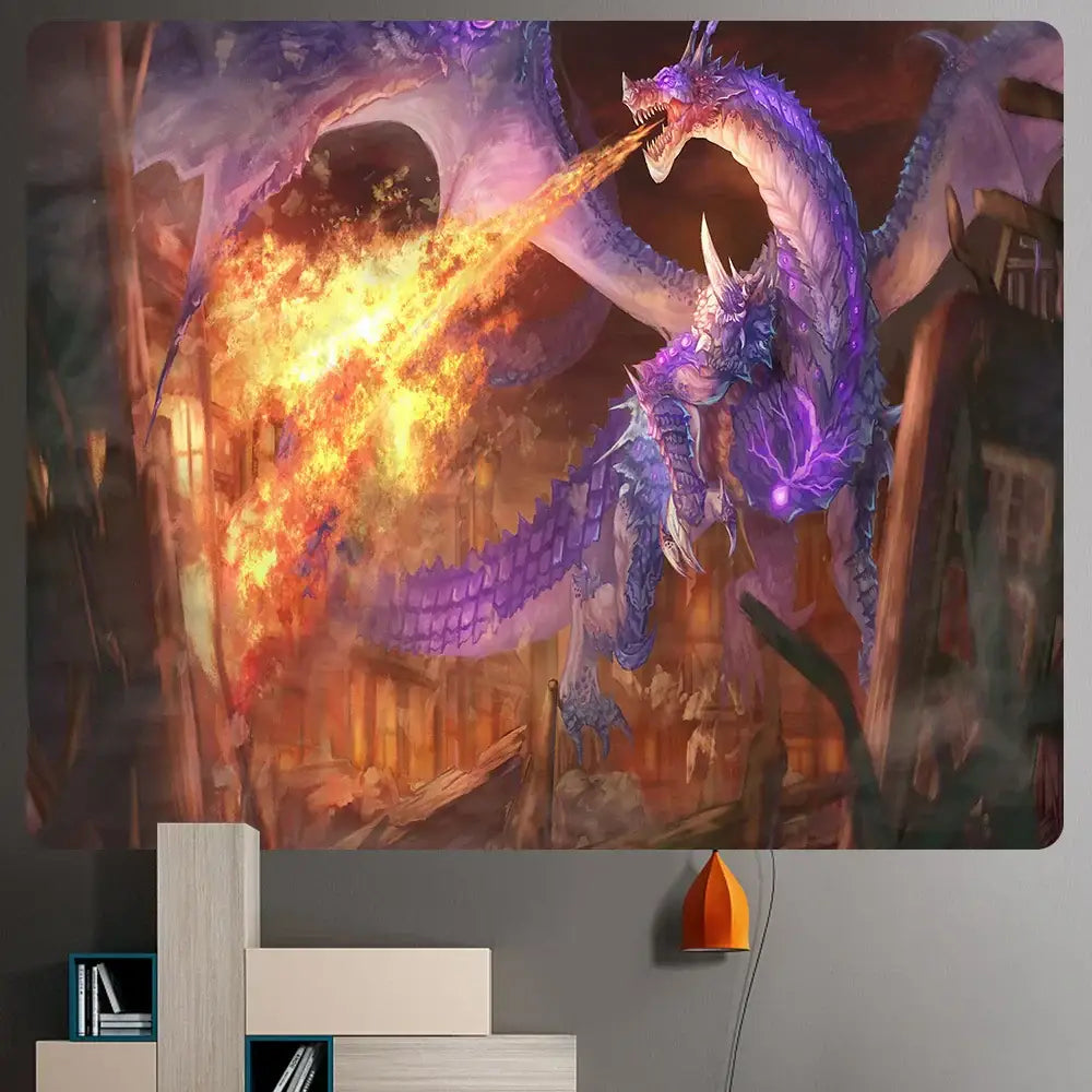 Dragon psychedelic art tapestry orange & gold wall decor bedroom