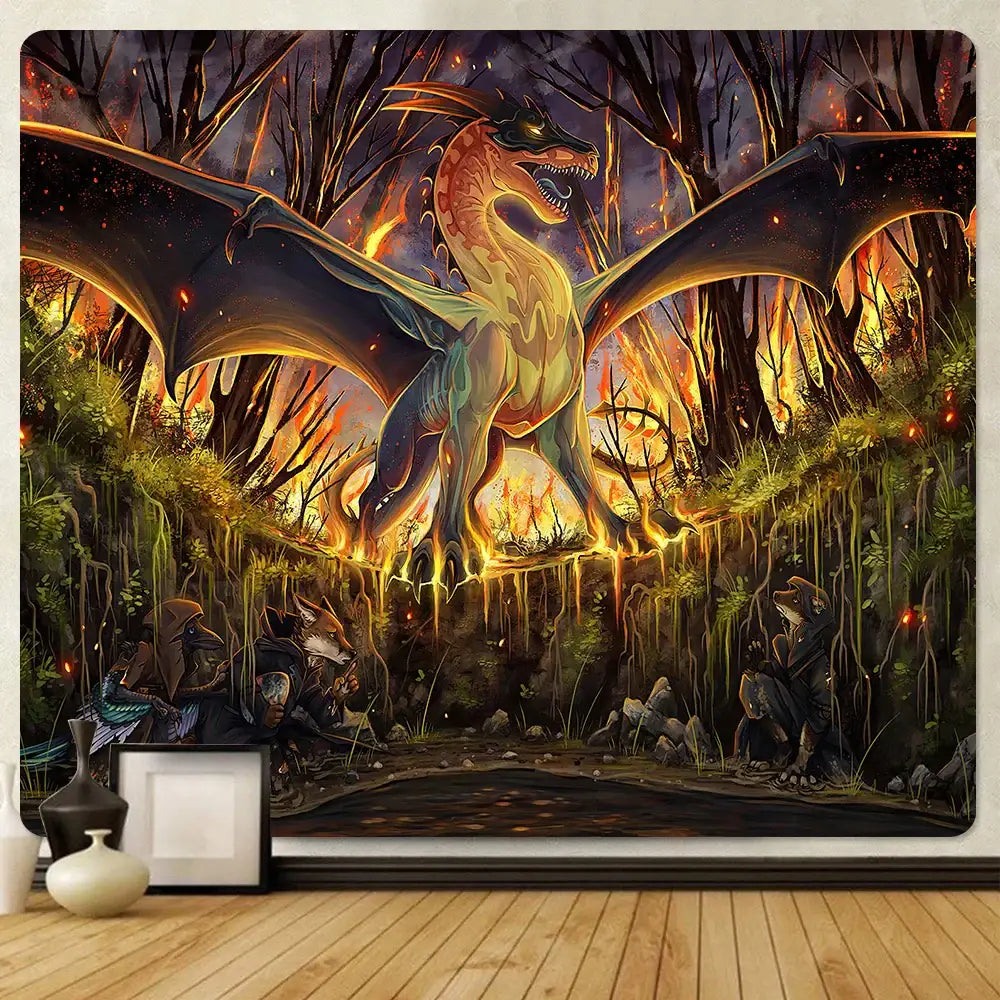 Dragon psychedelic art tapestry orange & gold wall decor bedroom