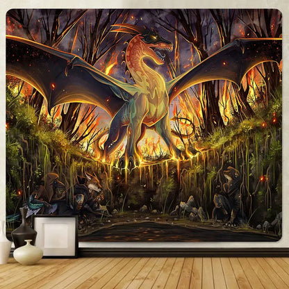 Dragon psychedelic art tapestry orange & gold wall decor bedroom