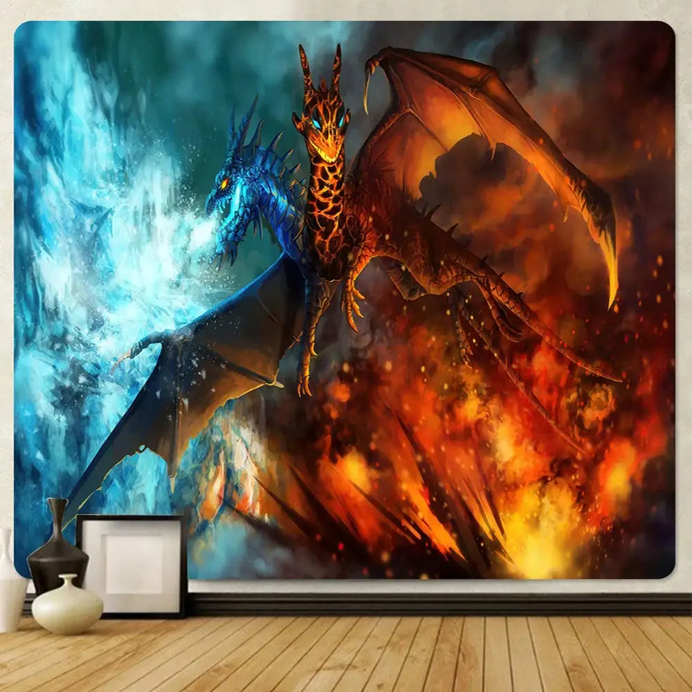 Dragon psychedelic art tapestry orange & gold wall decor bedroom