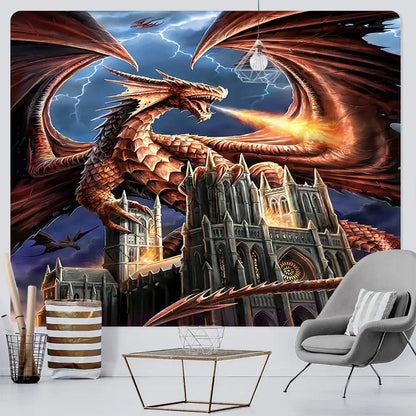 Dragon psychedelic art tapestry orange & gold wall decor bedroom