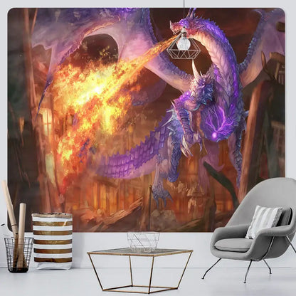 Dragon psychedelic art tapestry orange & gold wall decor bedroom