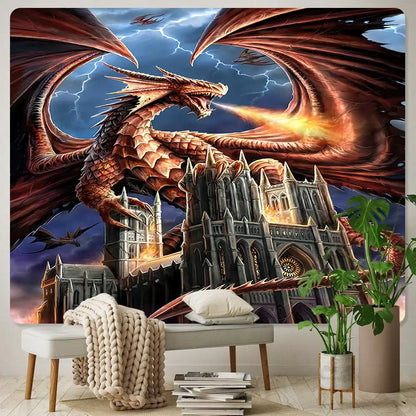 Dragon psychedelic art tapestry orange & gold wall decor bedroom