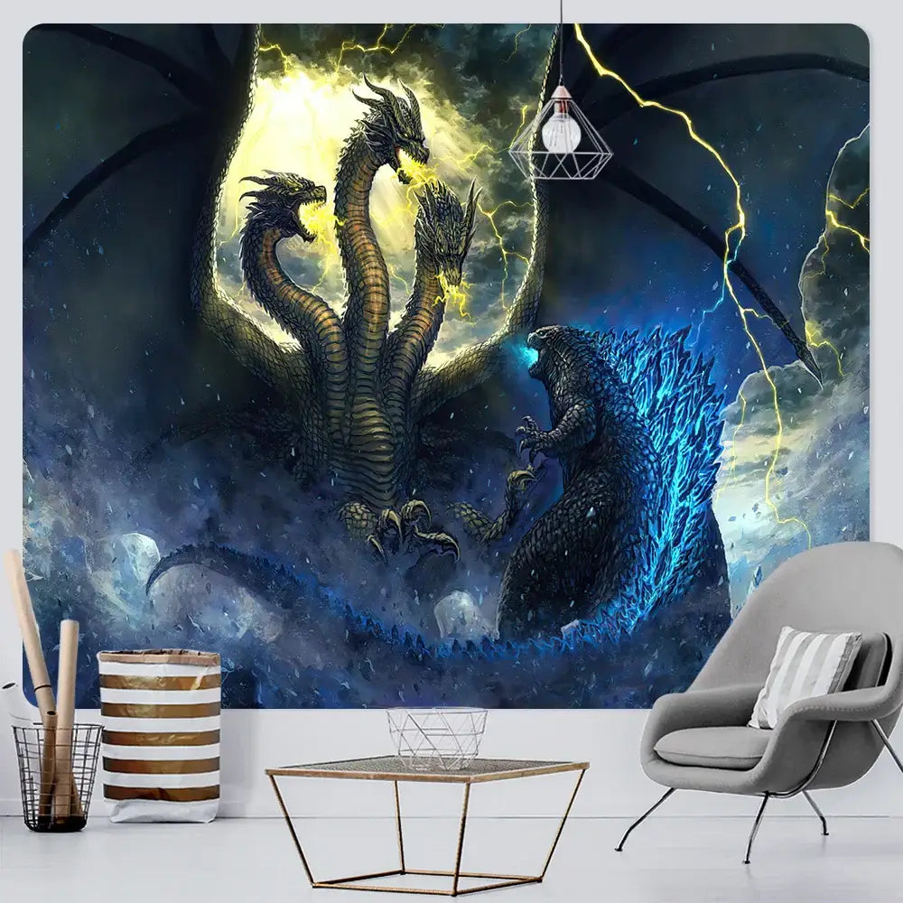 Dragon psychedelic art tapestry orange & gold wall decor bedroom