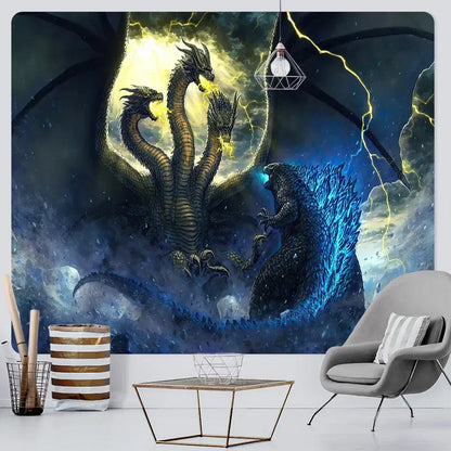 Dragon psychedelic art tapestry orange & gold wall decor bedroom