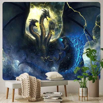 Dragon psychedelic art tapestry orange & gold wall decor bedroom