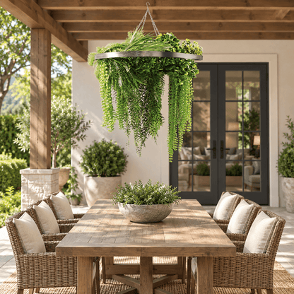 Artificial Hanging Plant Chandelier – Draping Fern Circular Ring (33in long) Silver Frame – UV Resistant